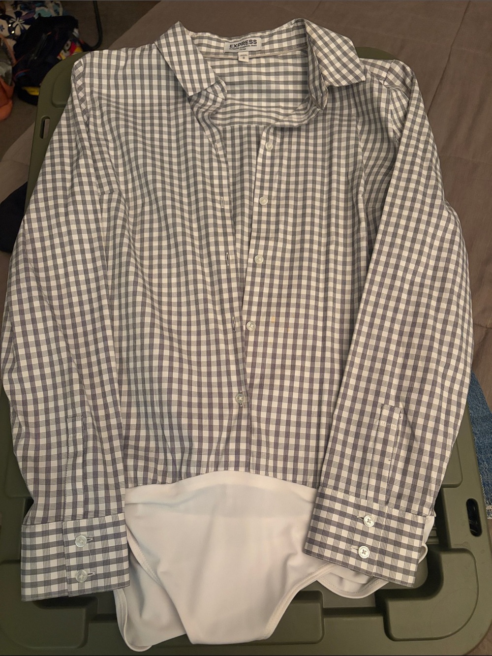 Express Women's Gray and White Gingham Button-Down body suit